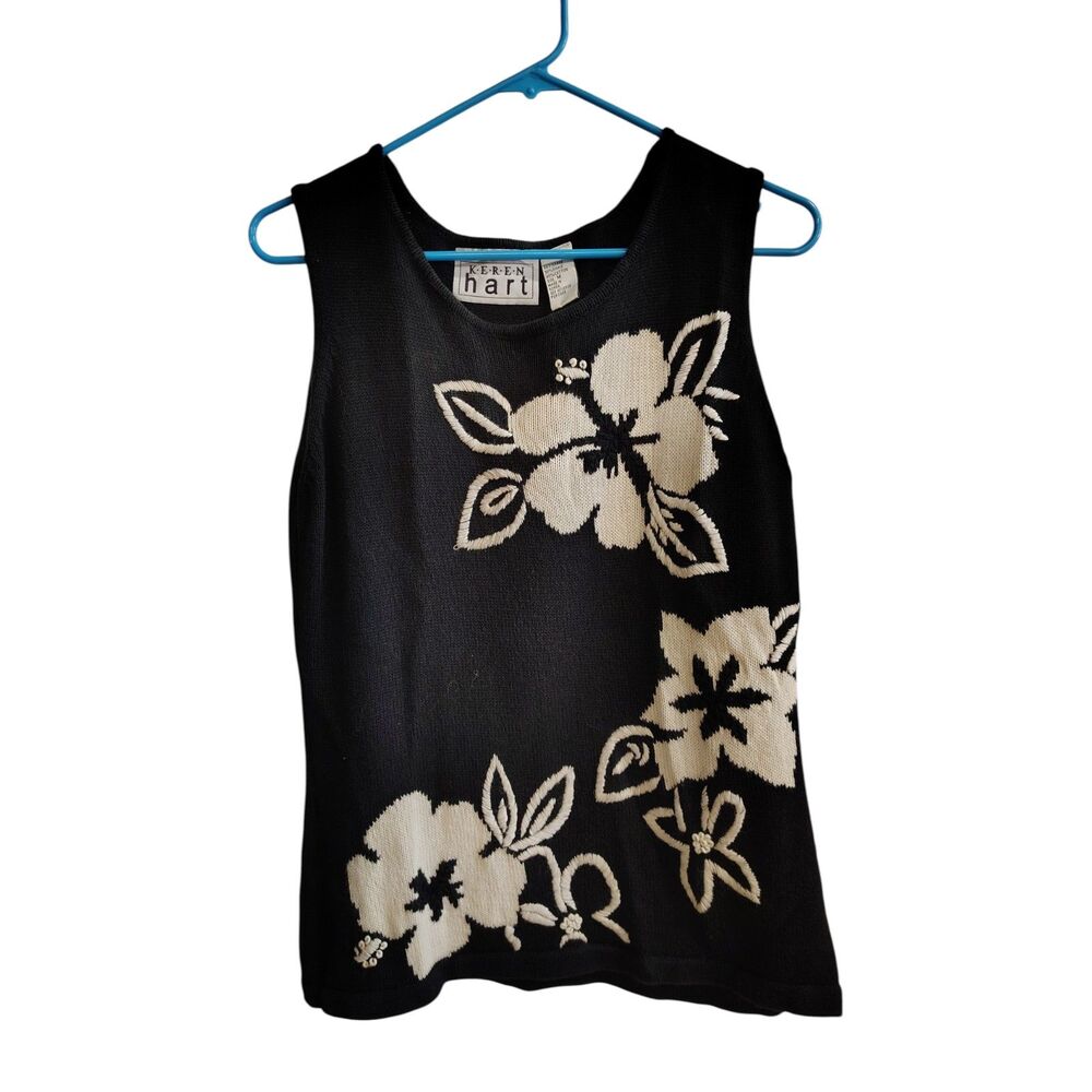 Vintage Karen Hart Women's Medium Black W/ White‎ Floral design Vest Sweater